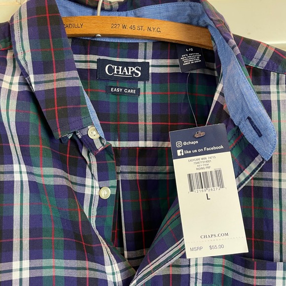NEW Chaps Mens Shirt Green Navy Plaid Sz L Long Sleeve Button Down Easy Care - Picture 3 of 9